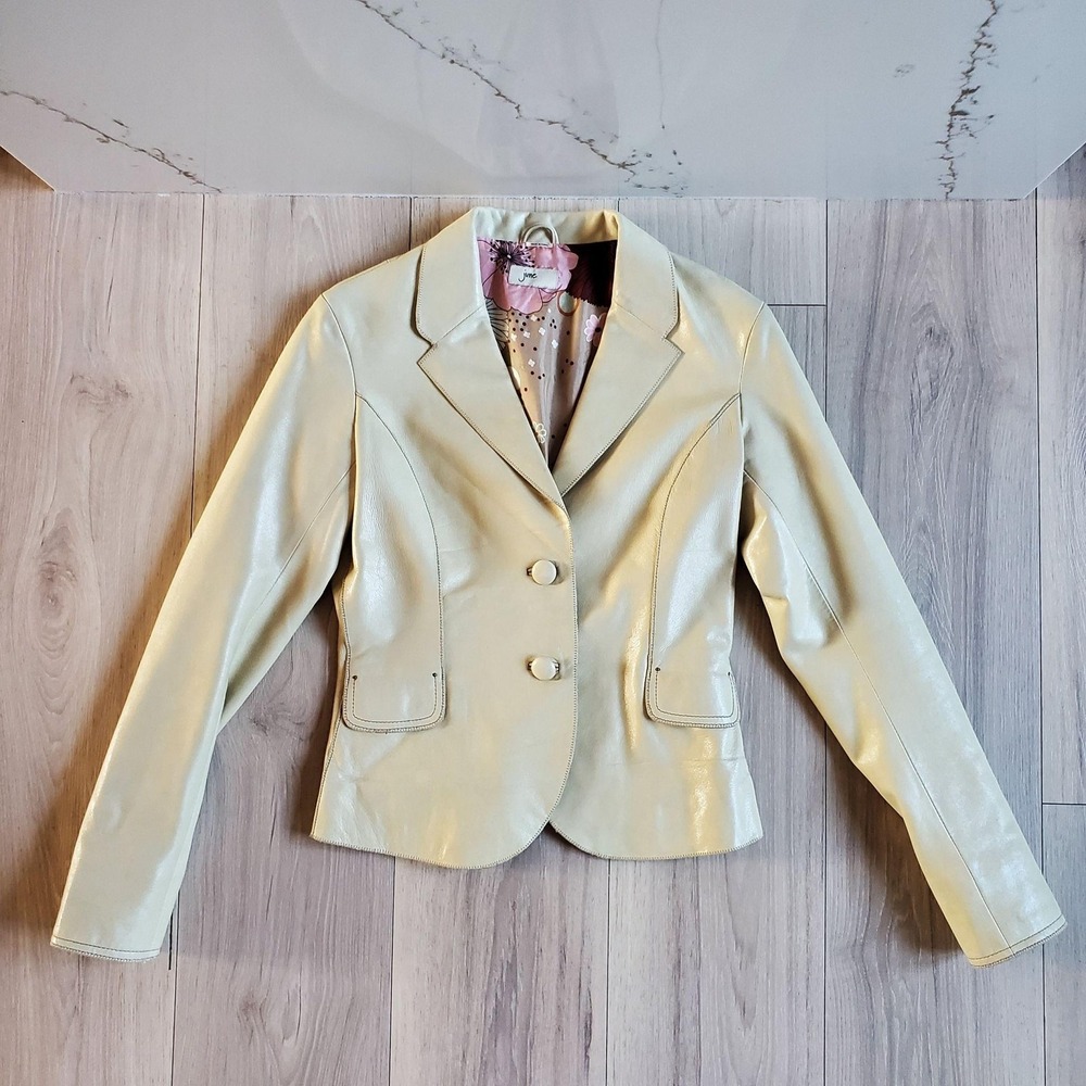 June Leather Jacket Womens Small Yelllow Floral Lining Button Front Moto Blazer